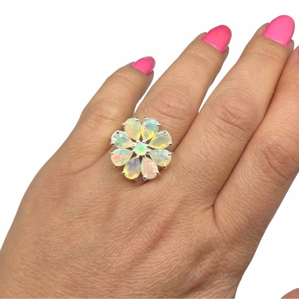 Ethiopian Fire Opal Flower Ring Solid 925 Sterling Silver Size 10 - Picture 3 of 10